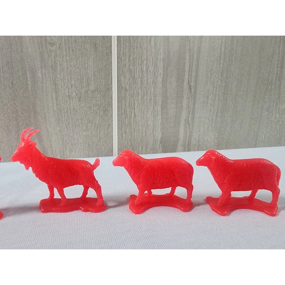 VIntage Farm Animal Figurines Red Plastic Dog Goat Sheep Set of 6
